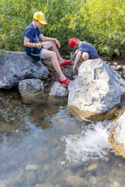 Brothers play on riverbank, Canadian Rockies, Alberta