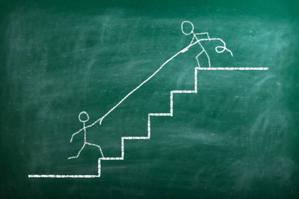 White chalk drawing of stairs on black grunge background
