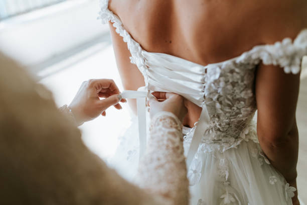 istock A bride adjusts a wedding dress 2170067544