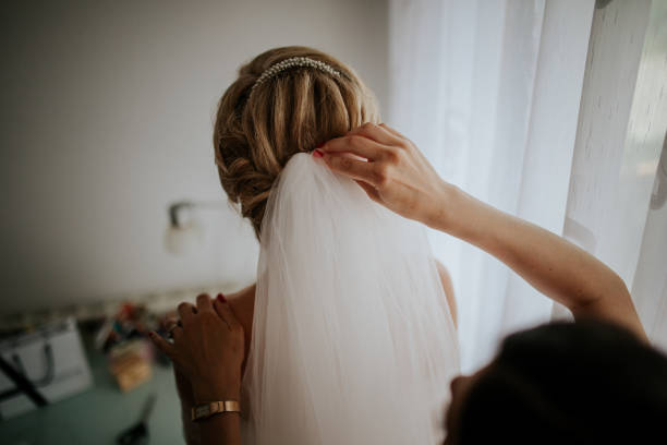 istock A bride adjusts a wedding dress 2170067565