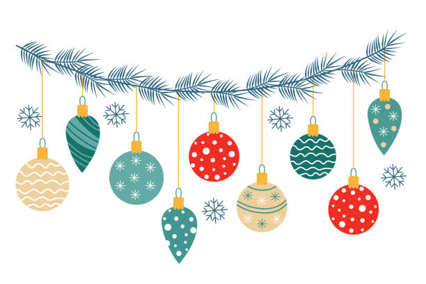 Garland with Christmas ornaments and baubles decorated with patterns. Hand drawn vector flat illustration isolated on white. Great for  Xmas and New year greeting cards, posters.
