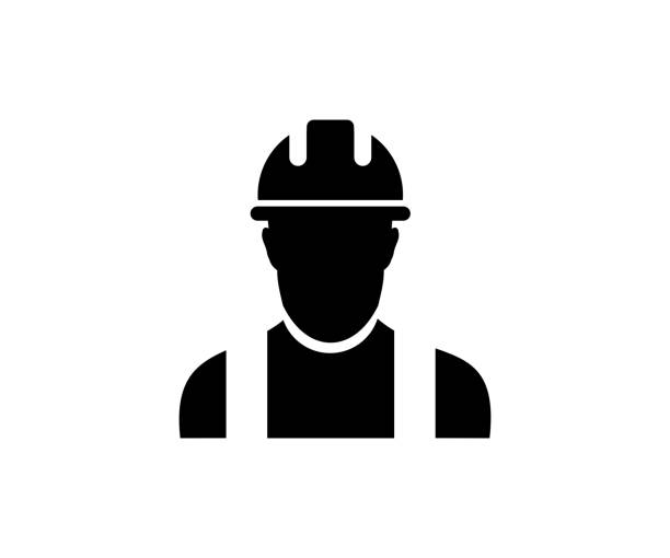 Construction worker icon. Builder icon. Construction worker person profile avatar with hardhat helmet in glyph pictogram vector design and illustration.