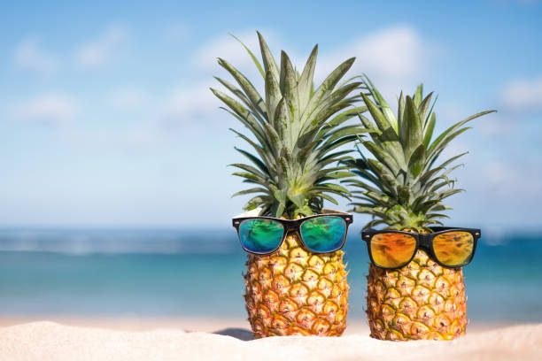 istock Two pineapples with trendy sunglasses in tropical paradise 2170077188