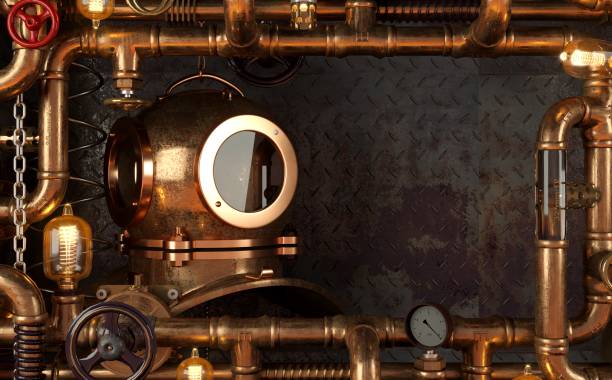 istock Background dark wall loft steampunk lamp from pipes 2170078341