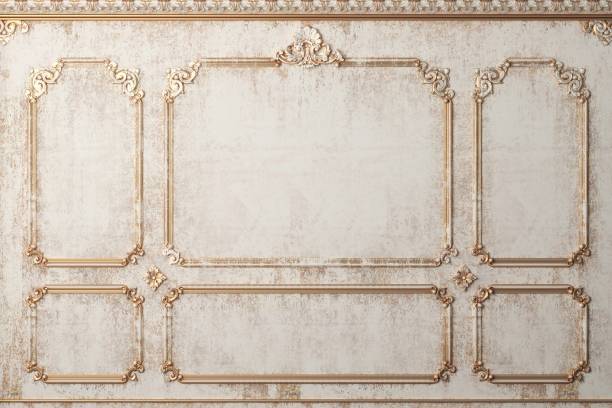 istock Classic wall of old gold stucco panels paint. Background. 2170078357
