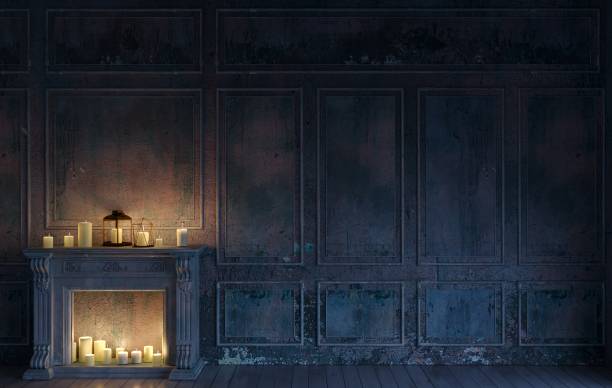 istock Fireplace and candles in an abandoned castle 2170078359