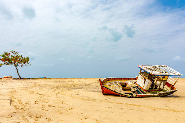 Deteriorated fishing trawler stranded on the beach sand in Olinda, Pernambuco