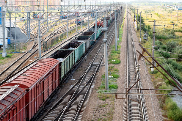 istock A freight train on the rails. Container transportation. View from above 2170080684