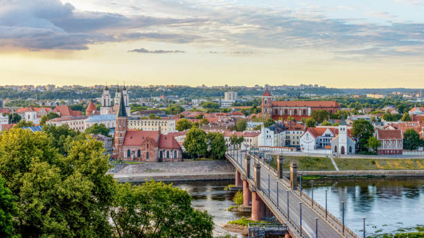 Panoramic view of Kaunas Oldtown against sky at sunset