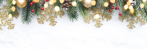 istock Christmas fir tree with decoration on snow background, flat lay 2170083290