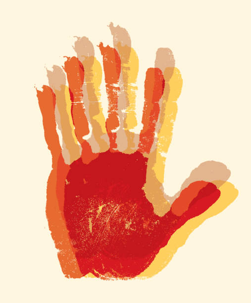 Colored prints of human palm hand Colorful children or adult handprints overlapping overlaying. Colored prints of human palm hand. Creative idea for team building presentation, report, family and artistic activity, advisory and poster finger painting stock illustrations