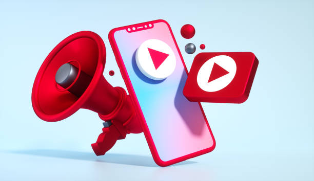 Video Marketing Concept. 3D Megaphone, Smartphone, and Video Play Icon Composition. 3D Rendering.