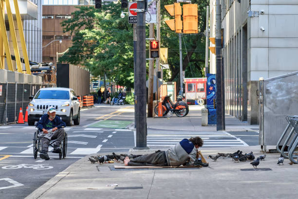 Toronto, Canada - September 2, 2024:A person experiencing homelessness lies on the sidewalk next to a group of pigeons, highlighting social issues in the city.
