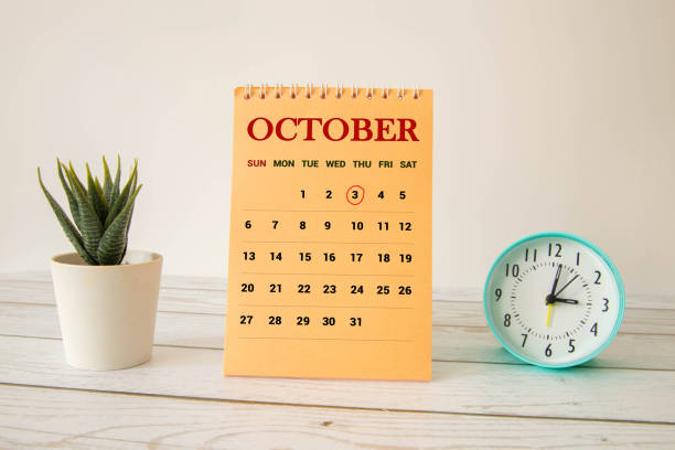 October 2025 Calendar and Thumbtacks on Orange Background. 3d Rendering