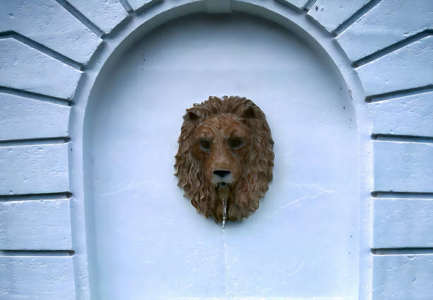 A Lion Head fountain in a formal garden