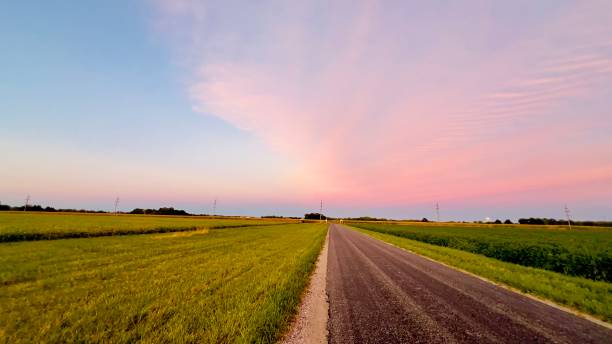 istock Sunset over field and road. 2170113303