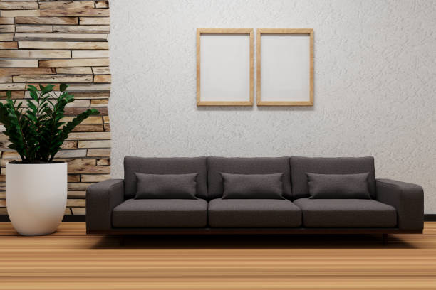 istock Interior design with elements like white walls, wooden floors, frames, plants, pots, and stone walls. 2170116470