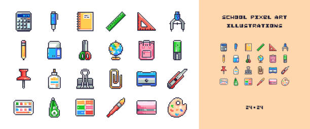 ilustraciones, imágenes clip art, dibujos animados e iconos de stock de colección de pixel art de íconos de material de aula y oficina: calculadora, bolígrafo, cuaderno, reglas, compás de geometría, lápiz, sacapuntas, borrador de goma, tijeras, pegamento, clip, mochila, etc. - clip artículo de papelería