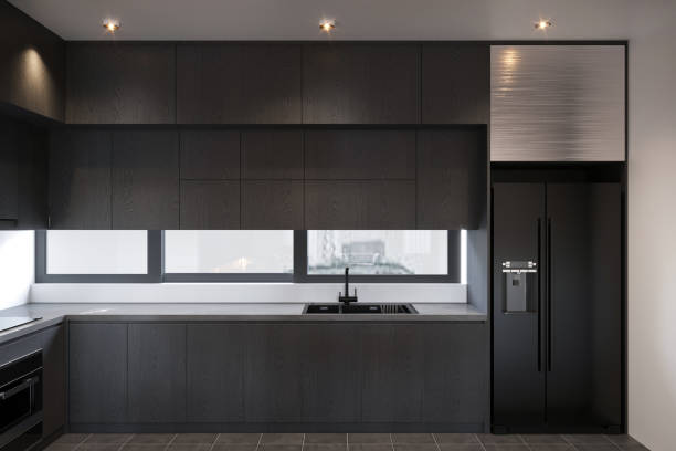 istock a modern gray kitchen with dark gray flat front cabinets, white marble countertops 2170123672