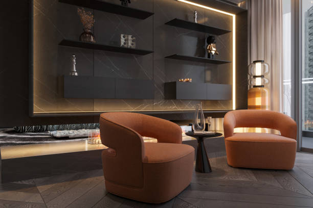 istock Interior Design for Living Spaces two orange armchairs and a fireplace. 2170123718