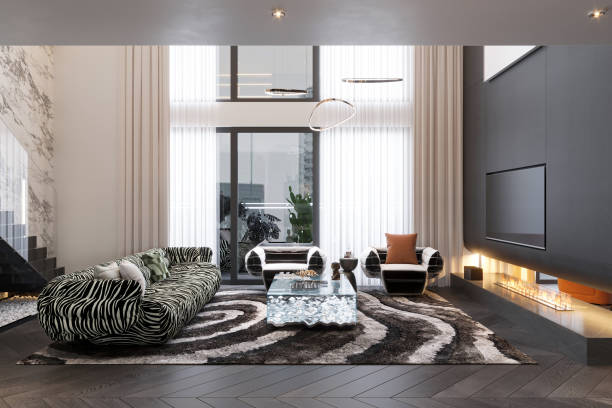 istock The Immersive Living Room with a large, open space, a fireplace, and a zebra-patterned sofa. 2170123776