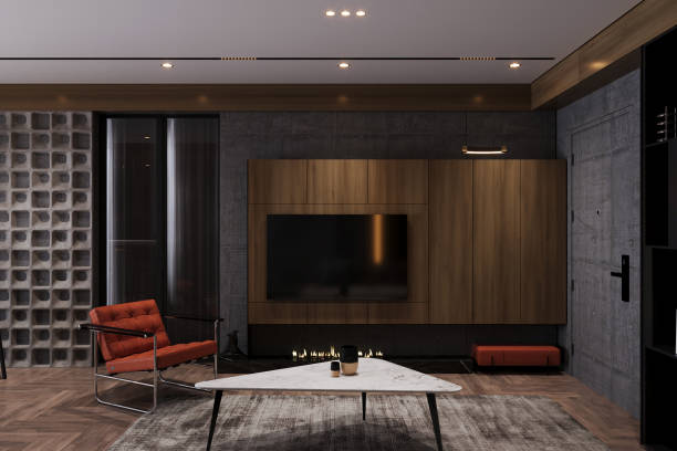 istock Creating a Modern Living Room That features a dark wood TV console, a white coffee table, and an armchair 2170124155
