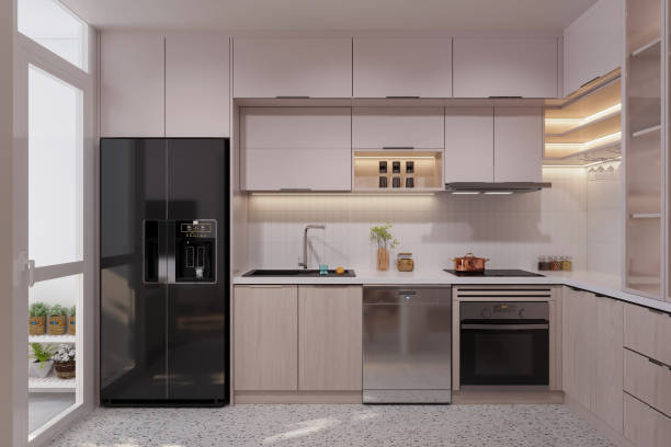 istock Modern white kitchen cabinet with integrated fridge and dishwasher, minimalist design, high-end feel 2170124759