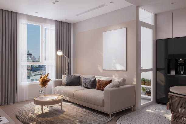 istock Perfect modern and simple bright elegant minimalist interior and cityscape view 2170124773