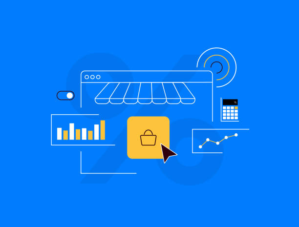 stockillustraties, clipart, cartoons en iconen met ecommerce kpi with data analytics for tracking and growing sales. e-commerce key performance indicators and metrics. sales growth, conversion rates, online business success, sales trends illustration - elektronische handel