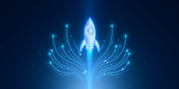 istock Neon blue rocket launch with upward arrows on dark background. 3D Rendering 2170131028