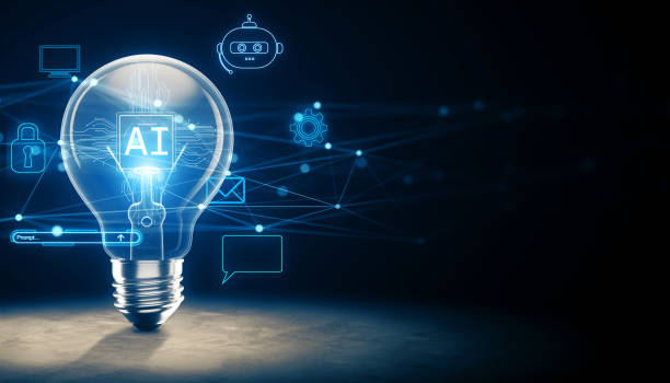 istock Lightbulb with AI technology icons on a dark background. 3D Rendering 2170131064