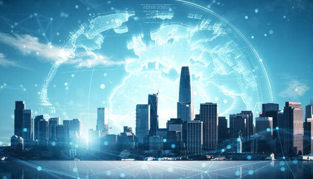 istock Digital smart cityscape with holographic globe overlay on a blue sky background. 2170131065