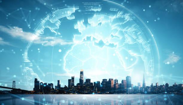 istock Digital smart city concept with holographic globe overlaying skyline, blue background. 2170131067
