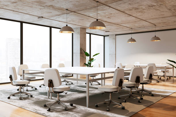 istock Modern conference room with white chairs and large windows. 3D Rendering 2170131114