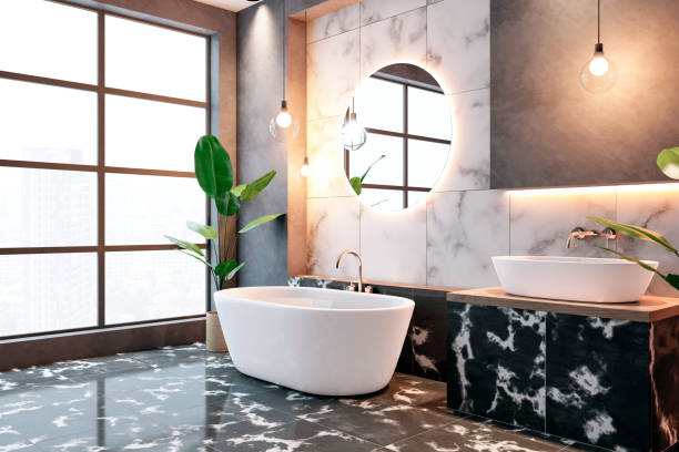 istock Modern luxury bathroom with marble tiles and city view. 3D Rendering 2170131124