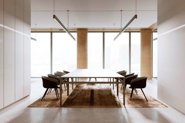 istock Modern conference room interior with large windows and city view. 3D Rendering 2170131133