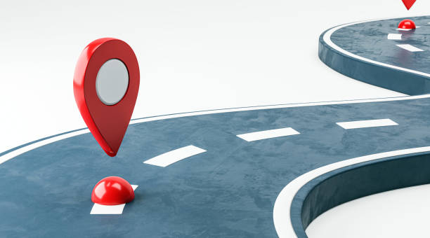 istock Red map pin on curved road, abstract background, concept of navigation and geolocation. 3D Rendering 2170131224