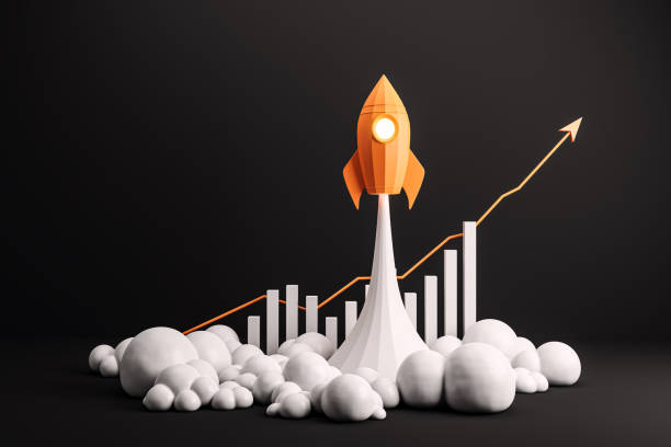istock Rocket launch symbolizing business growth with upward graph on black background. 3D Rendering 2170131233