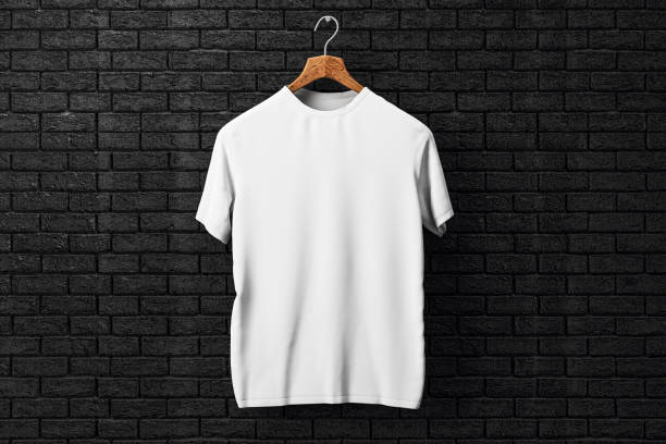 istock White T-shirt on wooden hanger against black brick wall. 3D Rendering 2170131240