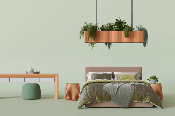 istock Modern bed, complemented by unique overhead plant holder and matching decor elements for a fresh, serene vibe. Furniture store concept. Interior design. Bedroom furnishings. Home staging. 3D render. 2170131937