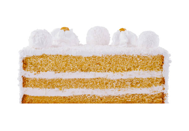 Delicious cake with white cream and coconut topping on white background