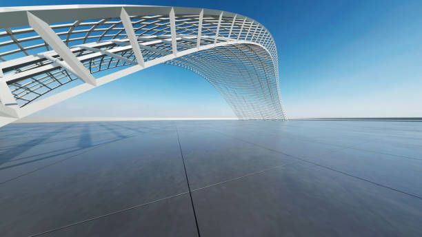 istock 3d render of abstract curve wireframe structure futuristic architecture with empty concrete floor 2170136404