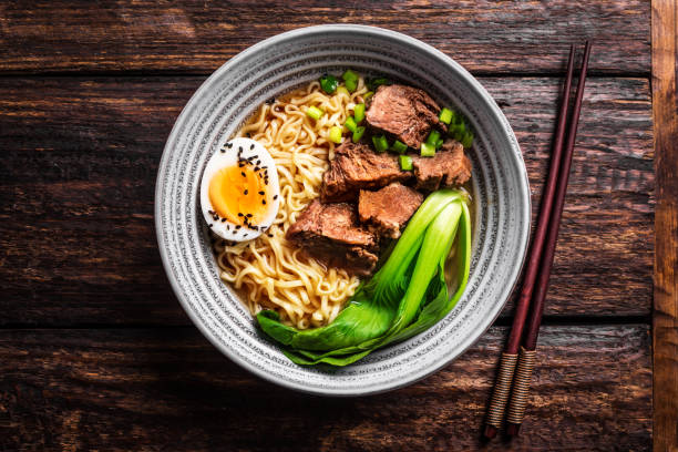 Ramen Asian noodles soup with beef, egg and pak choi