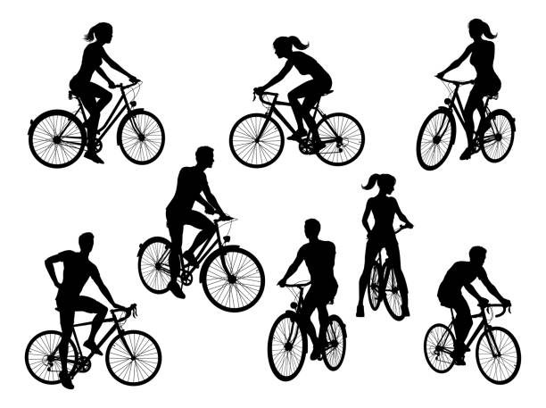 Bicycle Riding Bike Cyclists Silhouettes Set A set of bicycle cyclists riding their bikes in silhouette female mountain biker silhouette stock illustrations