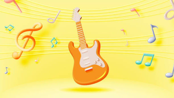 istock Floating Electric Guitar with Colorful Musical Notes on a Bright Yellow Background 2170141576