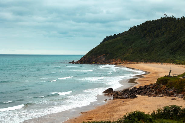 Idyllic scene with the shallows of the sea reflecting the sky and surf breaking in the distance.