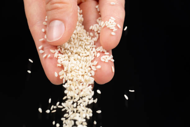 istock Hand pouring white sesame seeds on black background 2170144848