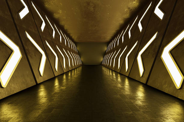 Hallway Corridor Interior with Neon Arrow Lights. 3D Render