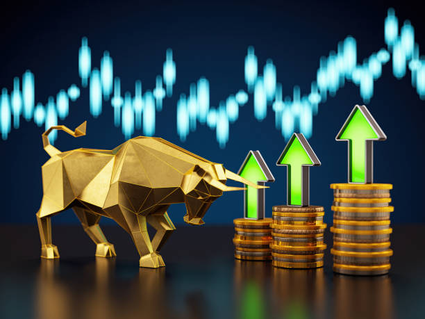 istock Golden Bull with Stock Data Chart and Gold Coins 2170146971