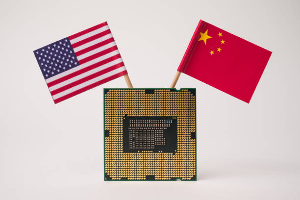 istock CPU computer (central processing unit) with USA and Chinese flag on white background. 2170149213